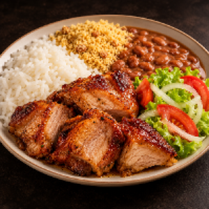 Arroz branco,  farofa,  feijão e salada.