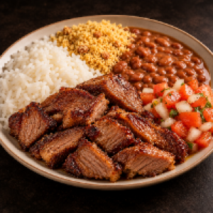 Arroz e feijão,  farofa e vinagrete.