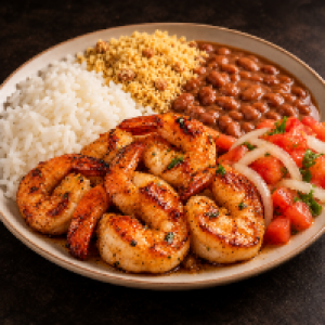 Arroz e feijão,  farofa e vinagrete.