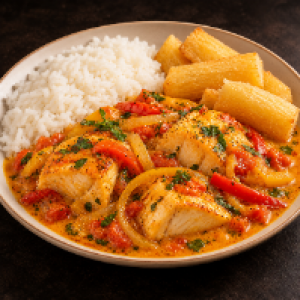 Arroz branco e mandioca.
