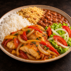 Arroz branco,  feijão,  farofa e salada.