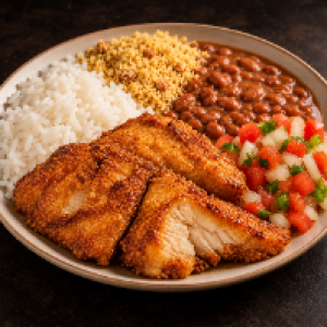 Arroz branco,  feijão,  farofa e vinagrete.