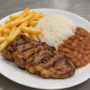 Contra Filé (250g),  com arroz,  feijão e batata frita
Salada: Alface,  tomate e palmito